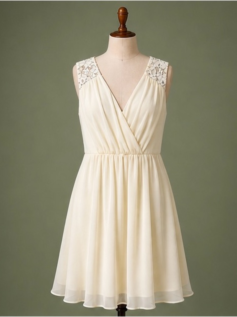 Ivory Lace-Shoulder V-Neck Chiffon Dress